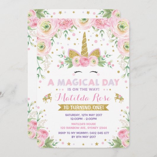 フローラユニコーン誕生日招待状ピンク金ゴールドパーティー 招待状 (正面/裏面)