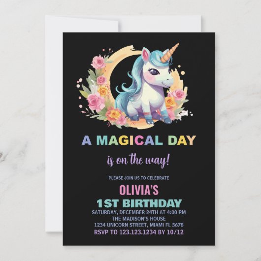 フローラユニコーン誕生日招待状 招待状 (正面)