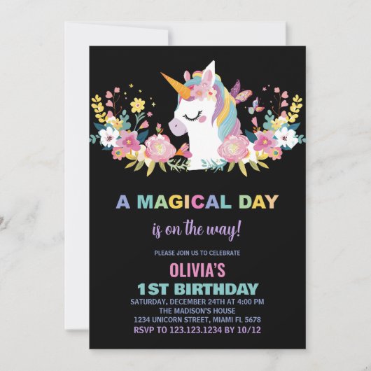 フローラユニコーン誕生日招待状 招待状 (正面)