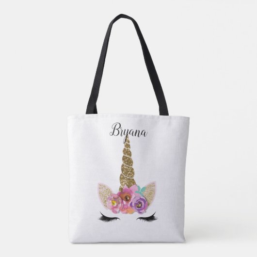 フローラユニコーン金ゴールドグリッター女の子らしい女の子スパークル トートバッグ (裏面)