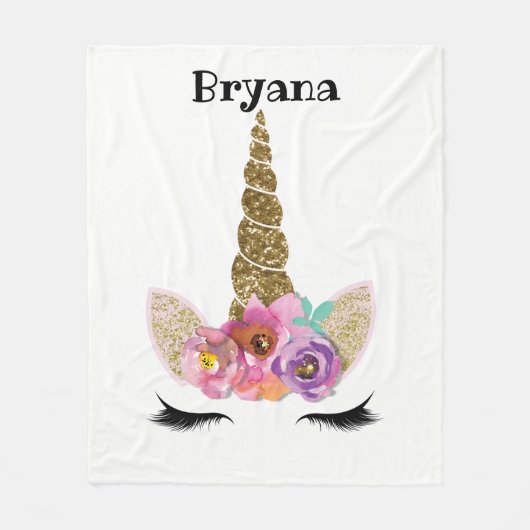 フローラユニコーン金ゴールドグリッター女の子らしい女の子スパークル フリースブランケット (正面)