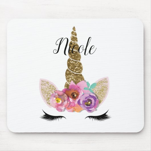 フローラユニコーン金ゴールドグリッター女の子らしい女の子スパークル マウスパッド (正面)