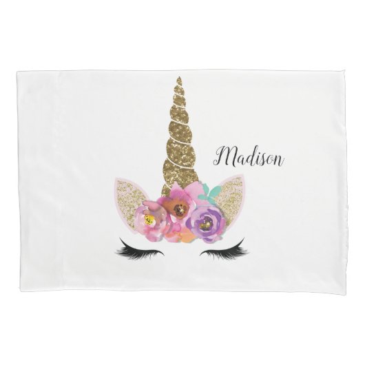 フローラユニコーン金ゴールドグリッター女の子らしい女の子スパークル 枕カバー (正面)