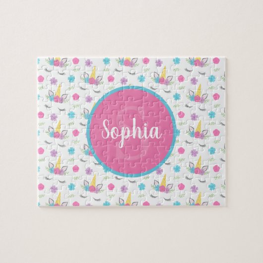 フローラユニコーン顔パーソナライズされたモノグラムキッズ ジグソーパズル (横)