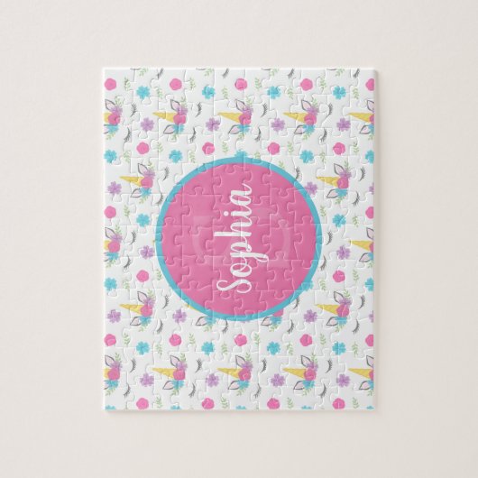 フローラユニコーン顔パーソナライズされたモノグラムキッズ ジグソーパズル (縦)