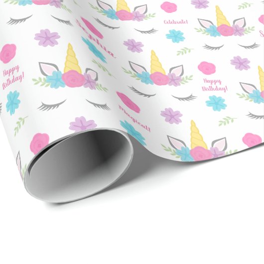 フローラユニコーン顔誕生日 パーソナライズされた ラッピングペーパー (ロールコーナー)
