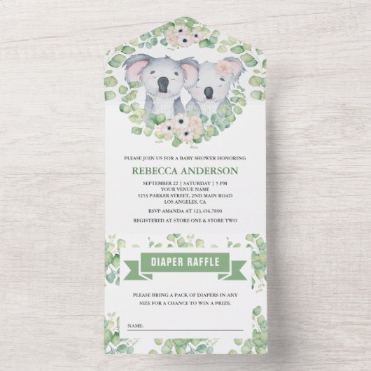 フローラユーカリかわいいコアラ双子ベビーシャワー オールインワン招待状 (内側)