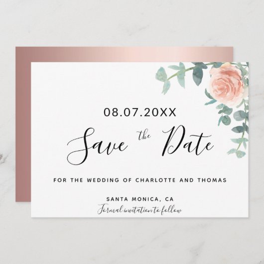 フローラユーカリバラ金ゴールド結婚式の日付を保存 (正面/裏面)