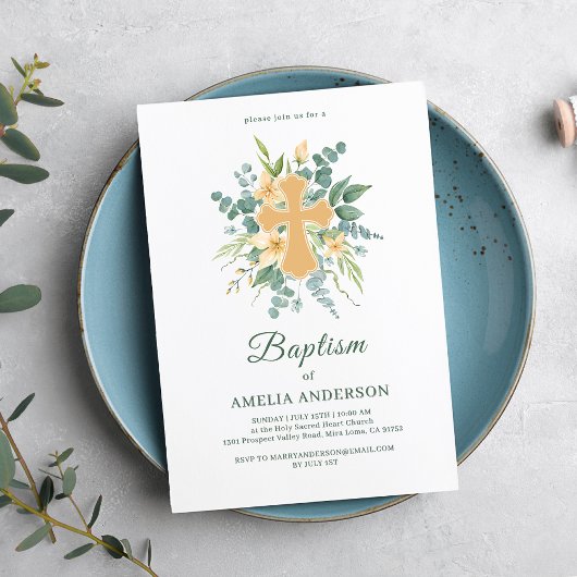 フローラユーカリプタス金ゴールドクロスバプテスマエレガント 招待状