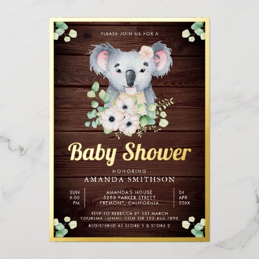 フローラユーカリプトゥスコアラガールウッドベビーシャワー金ゴールド 箔招待状 (正面)