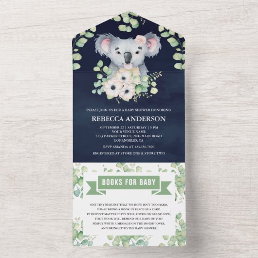 フローラユーカリプトゥスコアラガールネイビーブルーベビーシャワー オールインワン招待状 (内側)