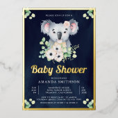 フローラユーカリプトゥスコアラガールネイビーベイビーシャワー金ゴールド 箔招待状 (正面)