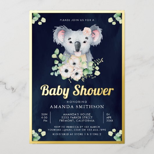 フローラユーカリプトゥスコアラガールネイビーベイビーシャワー金ゴールド 箔招待状 (正面)