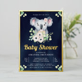 フローラユーカリプトゥスコアラガールネイビーベイビーシャワー金ゴールド 箔招待状 (立ち正面)