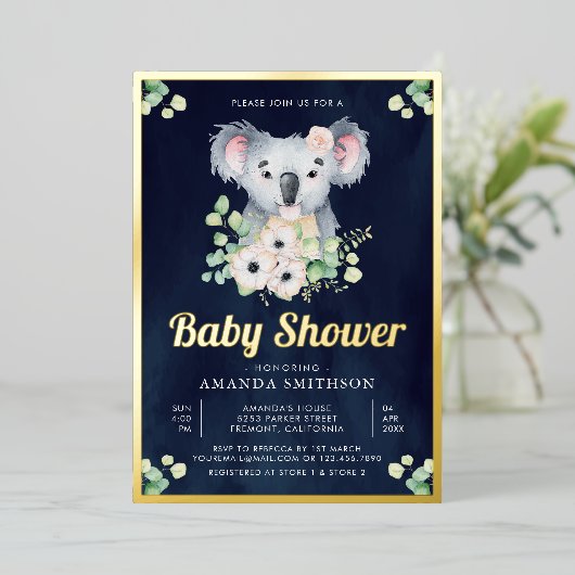 フローラユーカリプトゥスコアラガールネイビーベイビーシャワー金ゴールド 箔招待状 (立ち正面)