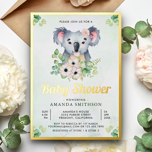 フローラユーカリプトゥスコアラガールベビーシャワー金ゴールド 箔招待状