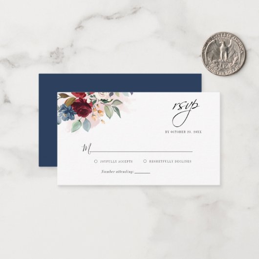 フローラユーカリプトゥスブルゴーニュウェディングRSVPカード ノートカード (正面/裏面インサイチュ)