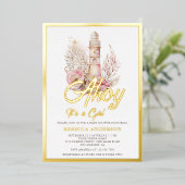 フローラライトハウス航海のガールベビーシャワー金ゴールド 箔招待状 (立ち正面)