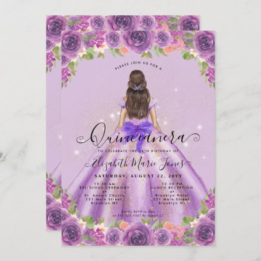 フローラライトパープル金ゴールドグラムプリンセスキンセアニェラ 招待状 (正面/裏面)