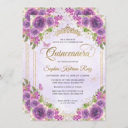 フローラライトパープル金ゴールドグリッタークラウンキンセアニラ 招待状 (正面/裏面)