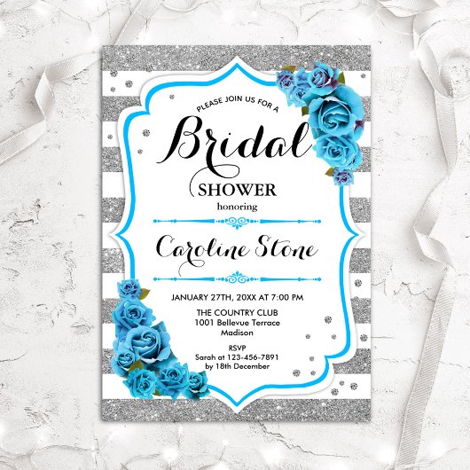 フローラライトブルーシルバーストライプブライダルシャワー 招待状