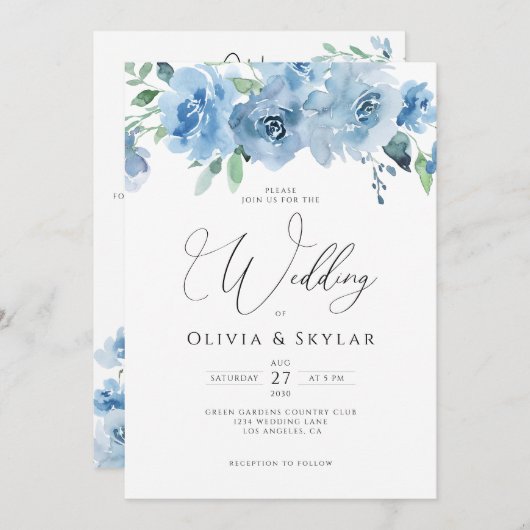 フローラライトベビーブルーQRコード結婚すべて 招待状 (正面/裏面)