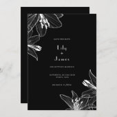 フローラライリーブラック&ホワイト日付を保存 招待状 (正面/裏面)