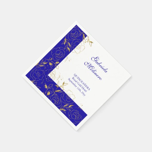 フローララインアエレガントル王室のブルーと金ゴールドパーティー スタンダードカクテルナプキン (角)
