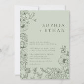 フローララインアートセージ結婚グリーン 招待状 (正面)