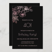 フローララインアートピンクブラック誕生日 招待状 (正面/裏面)