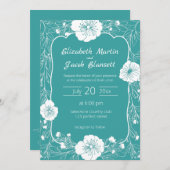 フローララインアートホワイトとティール（緑がかった色）結婚式招待状 招待状 (正面/裏面)