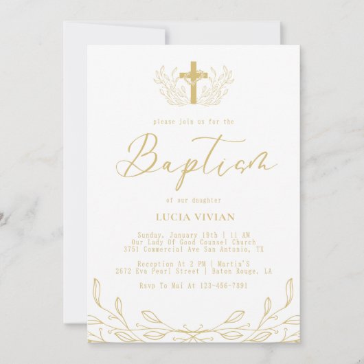 フローララインゴールデンクロスミニマリストバプテスマ 招待状 (正面)