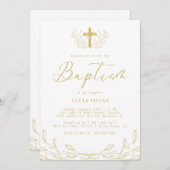 フローララインゴールデンクロスミニマリストバプテスマ 招待状 (正面/裏面)