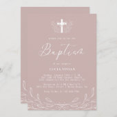 フローララインニュートラルクロスミニマリスト洗礼 招待状 (正面/裏面)
