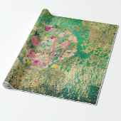 フローララウンドブーケモノグラムグリーン金ゴールド ラッピングペーパー (アンロールド)