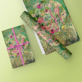 フローララウンドブーケモノグラムグリーン金ゴールド ラッピングペーパー