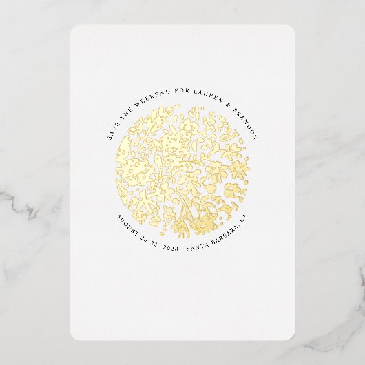 フローララウンドミニマリストグラマラス日付を保存 箔招待状 (正面)