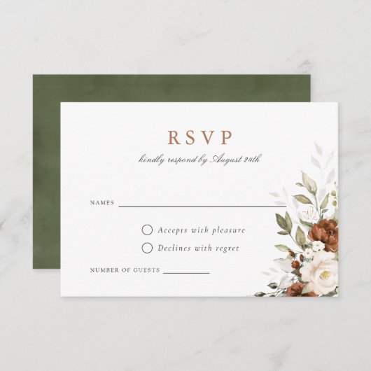フローララストクリームグリーン秋の結婚式RSVPカード 招待状 (正面/裏面)