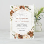 フローララストピーチグリーナリー金ゴールドジオメトリック結婚ス 招待状 (スタンド正面)