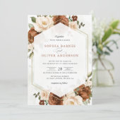 フローララストピーチグリーナリー金ゴールドジオメトリック結婚ス 招待状 (スタンド正面)