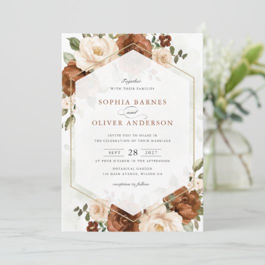 フローララストピーチグリーナリー金ゴールドジオメトリック結婚ス 招待状 (スタンド正面)