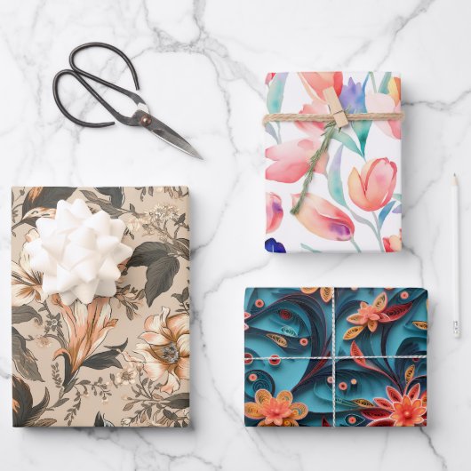 フローララッピング紙フラットシートセット3 ラッピングペーパーシート (正面)