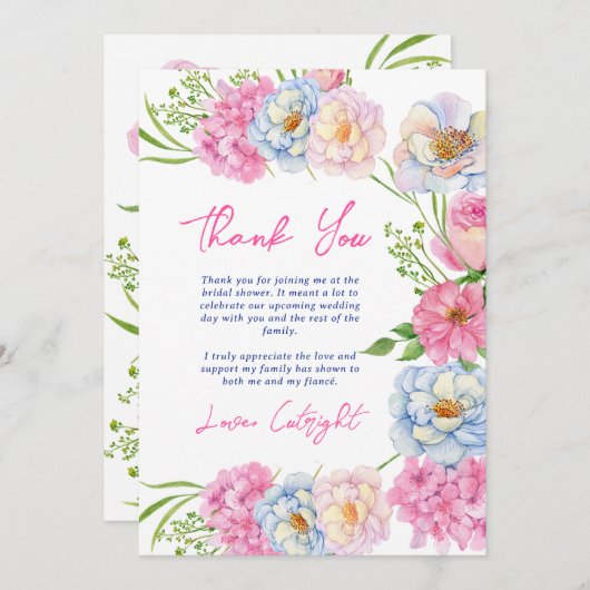フローララブイン開花ピンク夏ブライダルシャワー サンキューカード (正面/裏面)