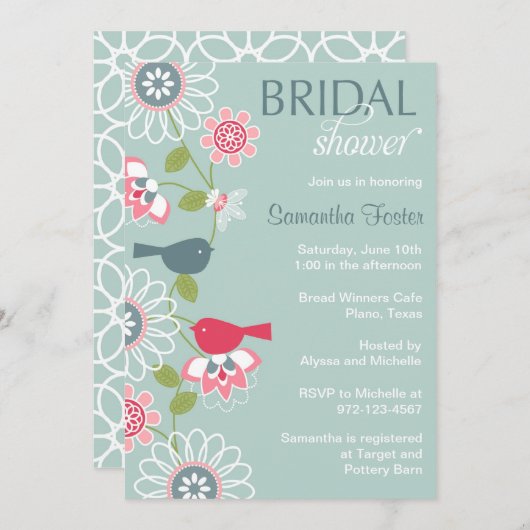 フローララブバードブライダルシャワー招待 招待状 (正面/裏面)