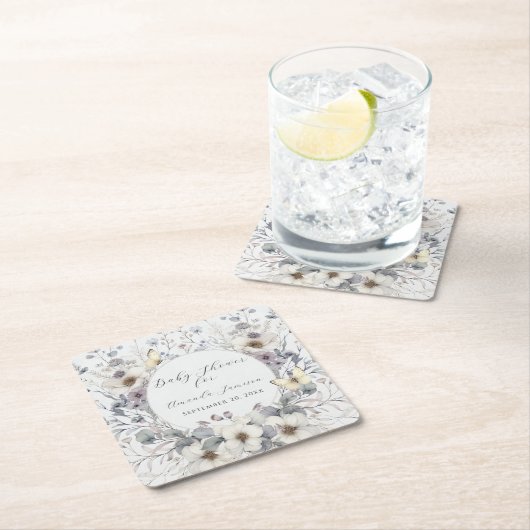 フローララベエレガントンホワイトガールベビーシャワー スクエアペーパーコースター (インサイチュ)