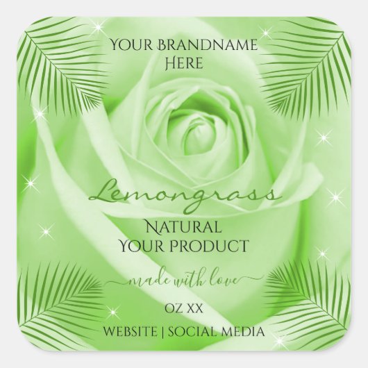 フローララベル緑のバラとヤシ葉 スクエアシール (正面)