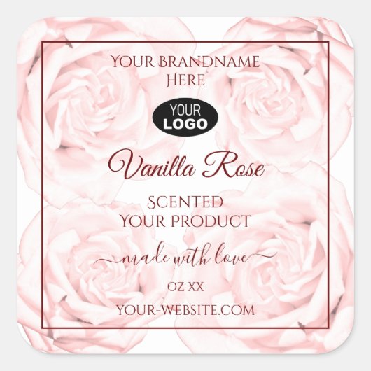 フローララベル薄いピンク色のバラとロゴ スクエアシール (正面)