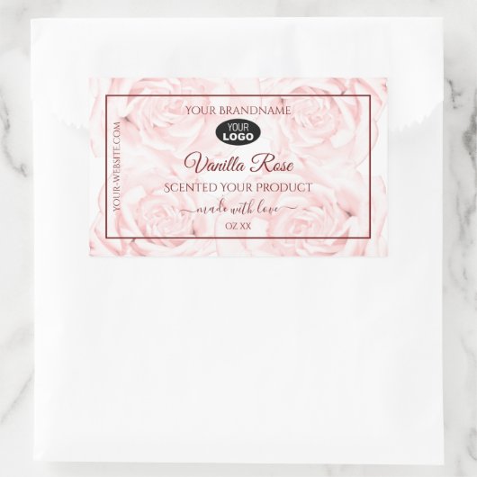 フローララベル薄いピンク色のバラとロゴ 長方形シール (バッグ)
