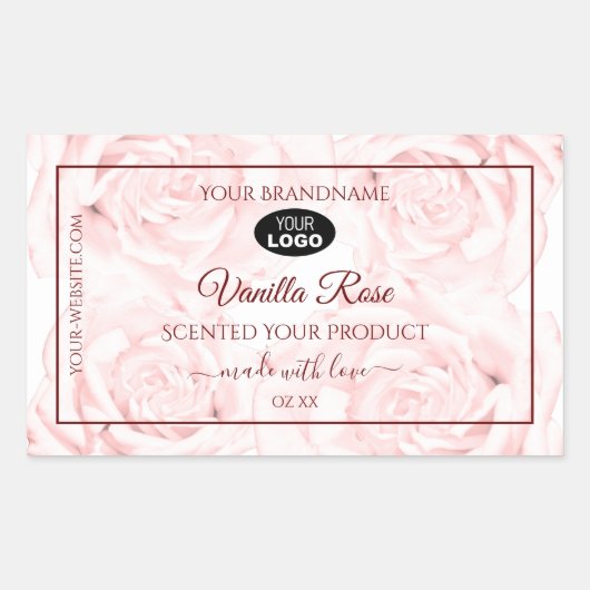 フローララベル薄いピンク色のバラとロゴ 長方形シール (正面)