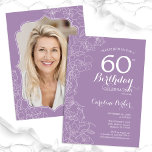 フローララベンダーパープルフォト60th誕生日パーティー 招待状<br><div class="desc">紫色のラベンダーのフローラ60th誕生日パーティーの招待状あなたの写真をカードの背面に。ボタニエレガントカルモダンスケッチアクセントとタイポグラフィスクリプトフォントを搭載したデザイン。トレンディーシンプル招待状カードは女性の日スタイリッシュお祝いに最適。任意のカスタマイズ年齢にすることができる。印刷されたZazzle招待状または即時ダウンロードのデジタル印刷可能なテンプレート。</div>
